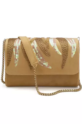 Coffer Camel & Gold Abstract Embellished Suede Clutch