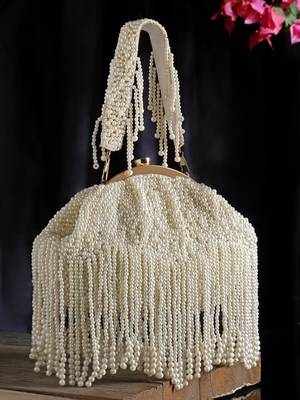 Droop Pearl White Embellished Faux Silk Clutch 1