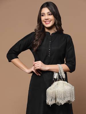 Droop Pearl White Embellished Faux Silk Clutch 2