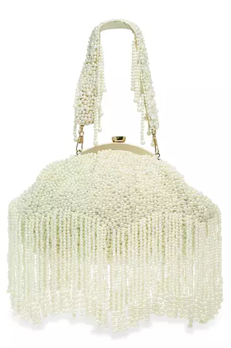 Droop Pearl White Embellished Faux Silk Clutch