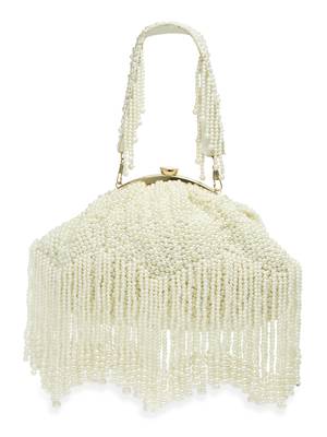 Droop Pearl White Embellished Faux Silk Clutch 4