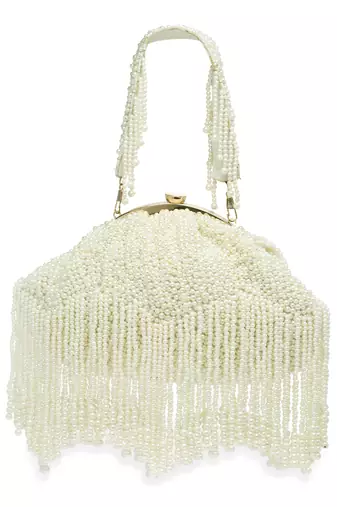 Droop Pearl White Embellished Faux Silk Clutch