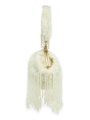 Droop Pearl White Embellished Faux Silk Clutch 5