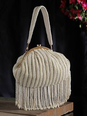 Droop Pearl White & Gold Striped Embellished Faux Silk Clutch 1