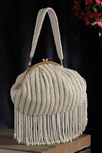 Droop Pearl White & Gold Striped Embellished Faux Silk Clutch