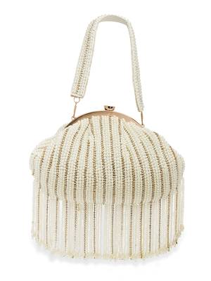 Droop Pearl White & Gold Striped Embellished Faux Silk Clutch 3