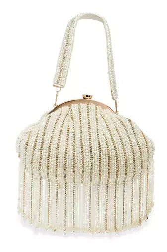 Droop Pearl White & Gold Striped Embellished Faux Silk Clutch