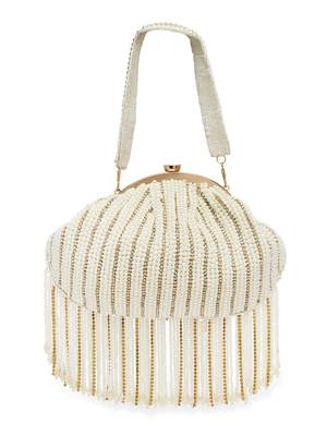 Droop Pearl White & Gold Striped Embellished Faux Silk Clutch 4