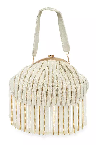 Droop Pearl White & Gold Striped Embellished Faux Silk Clutch