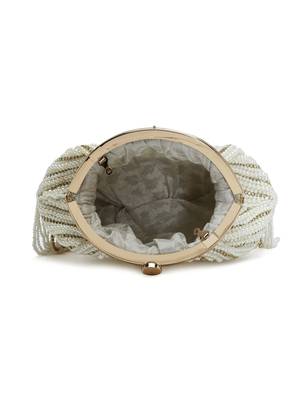 Droop Pearl White & Gold Striped Embellished Faux Silk Clutch 5