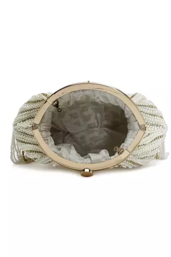 Droop Pearl White & Gold Striped Embellished Faux Silk Clutch
