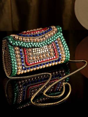 Mosaic Green & Multi Stone Work Embellished Metal Clutch 1