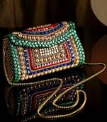 Mosaic Green & Multi Stone Work Embellished Metal Clutch