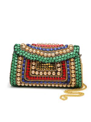 Mosaic Green & Multi Stone Work Embellished Metal Clutch 3