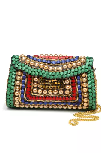 Mosaic Green & Multi Stone Work Embellished Metal Clutch