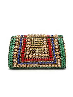 Mosaic Green & Multi Stone Work Embellished Metal Clutch 4