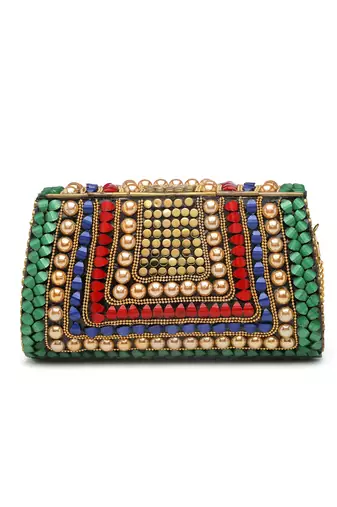 Mosaic Green & Multi Stone Work Embellished Metal Clutch