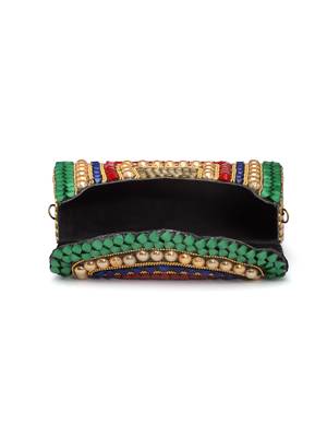 Mosaic Green & Multi Stone Work Embellished Metal Clutch 5