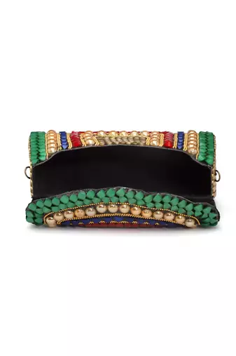 Mosaic Green & Multi Stone Work Embellished Metal Clutch