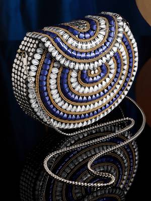 Mosaic Silver & Navy Stone Work Embellished Metal Clutch 1