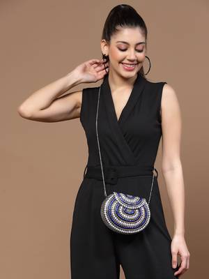 Mosaic Silver & Navy Stone Work Embellished Metal Clutch 2