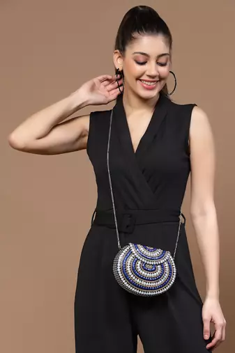 Mosaic Silver & Navy Stone Work Embellished Metal Clutch