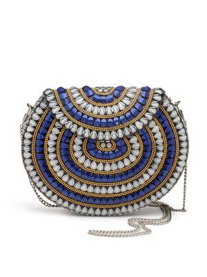 Mosaic Silver & Navy Stone Work Embellished Metal Clutch 3