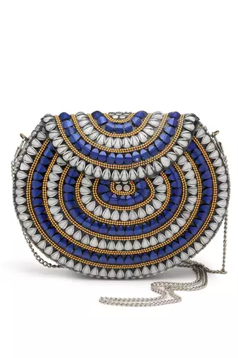Mosaic Silver & Navy Stone Work Embellished Metal Clutch