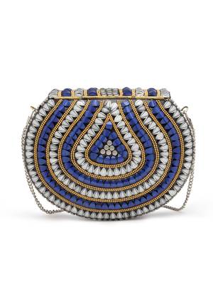 Mosaic Silver & Navy Stone Work Embellished Metal Clutch 4