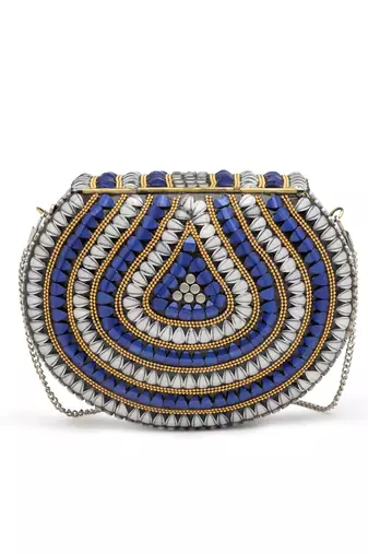 Mosaic Silver & Navy Stone Work Embellished Metal Clutch