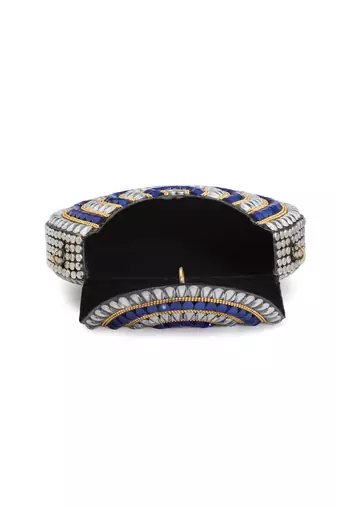 Mosaic Silver & Navy Stone Work Embellished Metal Clutch