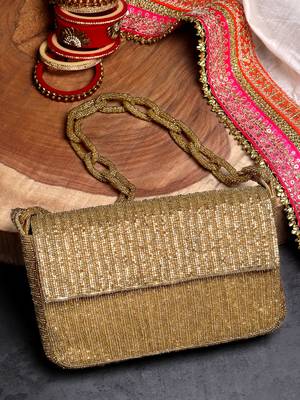 Coffer Golden Striped Embellished Faux Silk Clutch 1