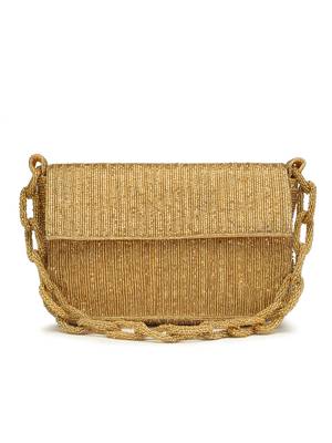 Coffer Golden Striped Embellished Faux Silk Clutch 3