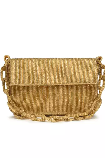 Coffer Golden Striped Embellished Faux Silk Clutch