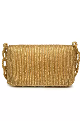 Coffer Golden Striped Embellished Faux Silk Clutch