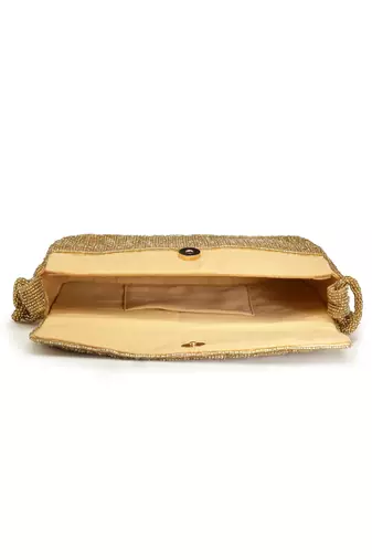 Coffer Golden Striped Embellished Faux Silk Clutch