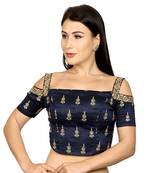 Navy Blue Embroidered Cold Shoulder Designer Readymade Saree Blouse