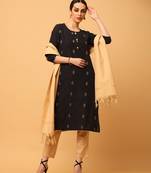 Black kosa silk butta & trim work straight kurta pant with dupatta (set of 3)