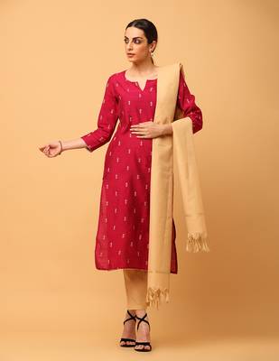 Maroon kosa silk butta & trim work straight kurta pant with dupatta (set of 3) 1