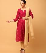 Maroon kosa silk butta & trim work straight kurta pant with dupatta (set of 3)