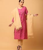 Pink kosa silk butta & trim work straight kurta pant with dupatta (set of 3)