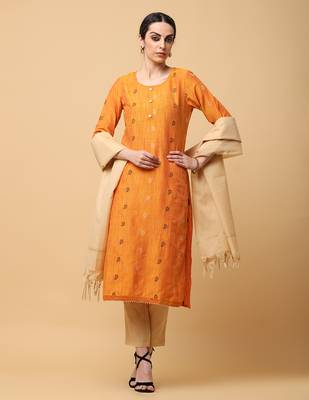 Orange kosa silk butta & trim work straight kurta pant with dupatta (set of 3) 1