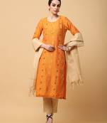 Orange kosa silk butta & trim work straight kurta pant with dupatta (set of 3)