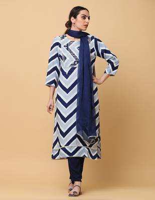 Blue rayon printed & embroidred work straight kurta pant with dupatta (set of 3) 1