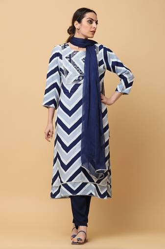 Blue rayon printed & embroidred work straight kurta pant with dupatta (set of 3)