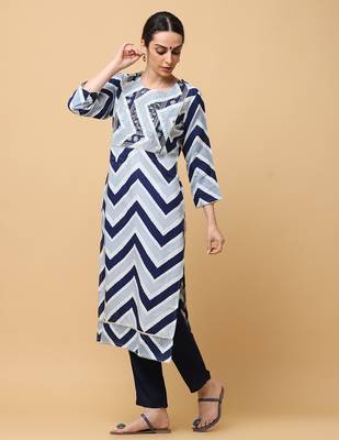 Blue rayon printed & embroidred work straight kurta pant with dupatta (set of 3) 2