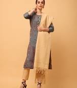 Grey kosa silk butta & trim work straight kurta pant with dupatta (set of 3)