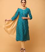 Turquise kosa silk butta & trim work straight kurta pant with dupatta (set of 3)