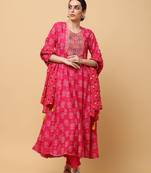 Pink rayon printed & embroidred work anarkali kurta pant with dupatta (set of 3)
