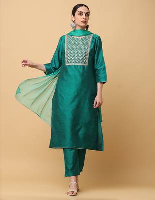 Green kosa silk solid & embroidred work straight kurta pant with dupatta (set of 3) 1
